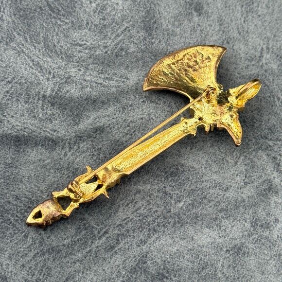 Hatchet Axe Brooch Pendant Vintage Unmarked Gold-tone Metal Rhinestone 3.25" H - Picture 7 of 11